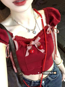 Áo Thun Nữ Tay Ngắn Cổ Vuông Thắt Nút Bướm Màu Đỏ Rượu Vang Mùa Đông 2025 Áo Thun Tay Dài Ôm Vừa Vặn Phong Cách Ngọt Ngào