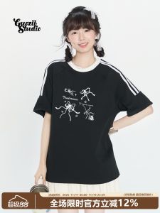 Guozii American Retro Patchwork Design Heavyweight Pure Cotton New Couples Short Sleeve T-Shirt Womens Sweet Cool Loose Fit Summer Top