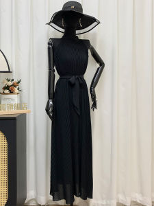 Pinnofox Black Shawl Collar Asymmetrical Hem Midi Dress Elegant Office Style Pure Color Summer Fashion High Waist Skirt