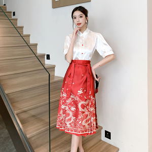New Chinese Style Improved Hanfu National Style Suit Womens Summer Cropped Short Horse-Face Skirt Skirt Small People Can Wear Daily