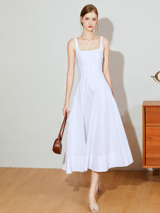 Classic Design White Combed Viscose Dress Elegant French Style A-Line Skirt Polyester And Cellulose Fiber Summer Long Dress