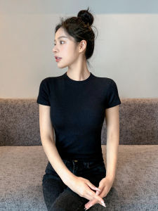 Black Knitted Short Sleeve T-Shirt Womens Slim Fit Summer Top Half High Collar Base Layer Inner Wear Commute Style round Neck