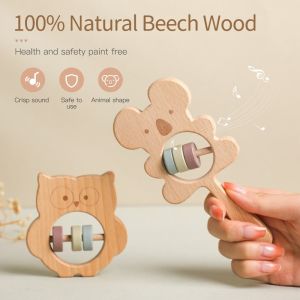 0-12 Wooden Rattles for Kids Animal Koala Handbells Newborn Baby Bed Bell Educational Toys Safe Food Grade Baby Teether Baby