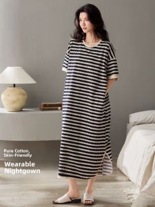 MiiOW | Pure Cotton Summer Lightweight Short Sleeve Sleepwear Casual Striped Midi Dress For Women Breathable Comfortable Home Clothes