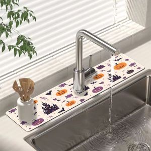 VIKAMA Halloween Castle Pumpkin Printed Faucet Mat Kitchen Anti Slip Mat Faucet Absorbent Mat Home Decoration