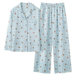 MiiOW | ชุดนอนผู้หญิงผ้าฝ้ายแท้แขนยาวฤดูใบไม้ผลิและฤดูใบไม้ร่วง ชุดอยู่บ้านแบบสวมหัว 2 ชิ้น คอกลม แขนยาว ชุดอยู่บ้าน