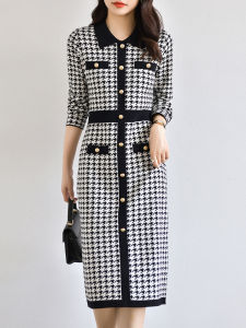 French Style Long Dress Polo Collar Ladylike Black Plaid A-Line Skirt Wool Blend Long Sleeve Autumn New Arrival Womens Dress