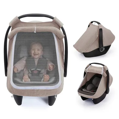 Baby Car Seat Cover Breathable Muslin Cotton with Large Mesh Window Infant Car Seat Canopy Carrier Cover Stroller Sun Shade