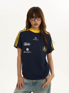 Apocket American Retro Color Block Sport Stripe Short T Shirt Women Summer Loose High End Short Sleeve Trendy Cotton Tee