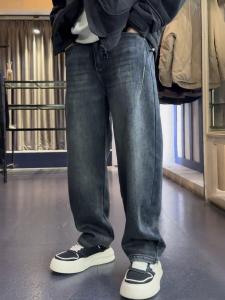 Mens Fleece Lined Thickened Knife Edge Denim Jeans American Retro Washed Elastic Wear Resistant Loose Straight Leg Long Pants