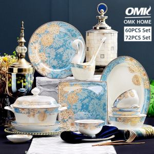 OMK 60PCS/72PCS European luxury style Bone China Tableware Set Party tableware suitable for 10 people Dinner Plate Set bowl