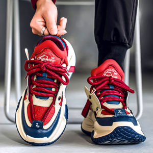 Mens Shoes Spring Fashionable Thick Bottom Heightening Dad Sneakers Leather Splicing round Toe Rubber Outsole Comfortable Casual Shoes