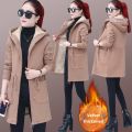 Fleece-Lined Woolen Coat for Women 2023 New Fall/Winter Loose Mid-Length to Long Slim Fit Hooded Zippered Work Clothing. 