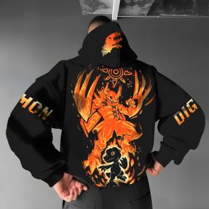 Bandai | New Digimon Anime War Greymon Mens Hoodie 2025 Autumn and Winter Harajuku Loose Casual Childrens Parent-Child Jumper Top