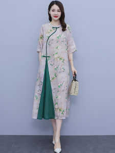 plus Size Womens Cheongsam Dress Summer Vintage Buttoned Flax Print Long Skirt Color Block Linen Split Skirt Artistic Commute