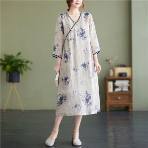 Cotton and Linen Cheongsam Dress Womens Summer Plus Size Ladies Retro Print plus Size Mid-Length Dress Modified Linen A- line Skirt Thin