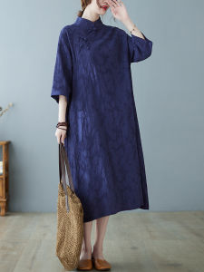 Spring and Summer Plus Size Loose Cotton and Linen Dress Fat Sister Retro Zen Linen Half Sleeves Robe Womens Midi Dress