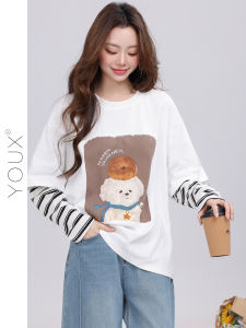 Korean Print Two-Piece Effect Long Sleeve T-Shirt
