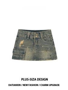 เซ็กซี่ สไตล์อเมริกัน สั้น กระโปรงทรงเอ มีหมุดย้ําล้าง เดนิม เดรสรัดรูป ลุควินเทจครึ่งความยาว ผู้หญิง แฟชั่น พลัสไซส์