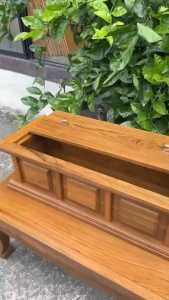 ชุดโต๊ะไตร + กล่องพระธรรม ไม้สักแท้ (สีเนื้อไม้) กล่องอภิธรรม กล่องใส่คัมภีร์ ขาสิงห์ ถวายวัด ทำบุญ