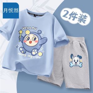 Boys Summer Outfit Set Pure Cotton Short Sleeve Two-Piece Suit Childrens T-Shirt Sporty Style Comfortable Breathable Clothes