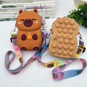Khaki Bar Silicone Coin Purse Kids Zipper Waterproof Capybara Decompression Shoulder Messenger Bag Primary School Student Bibala