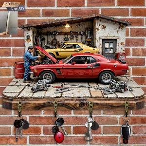 2D Flat Classic Muscle Car Garage Key Holder 4 Hooks Wooden Wall Mount Retro Mechanic Print Key Rack for Men