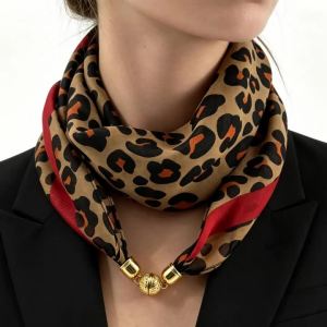 Leopard Print Magnetic Buckle Scarf 60cm Square Thin Chiffon Neck Scarf Quick & Easy Wear Fastening Neck WrapDecorative Scarf