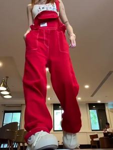 Womens American-Style R Red Denim Suspender Pants Fall Casual Trousers Loose Youthful-Looking Western Style Slimming Overalls