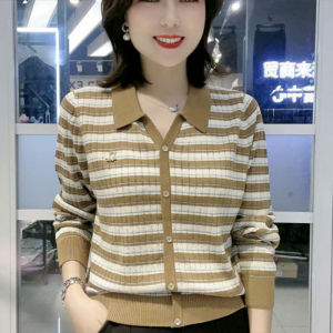 Stretch Long Sleeve Lapel Pullover Tops Female 2023 Autumn New Arrival Loose Belly-Covering Younger Fashion Stripes Knitwear