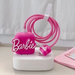 4 in 1 Data Cable Protection SleevePink Barbie Girl Charger Protection Sleeve For 18W/20W Fast Charger Cute Cartoon Cable Cover Phone Cord Protector for iPhone / iPad Charger Case Protection Soft Silicone Case Cover Cable Spring Wire Winding Protector