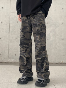 กางเกงทำงานลายพรางสไตล์อเมริกันย้อนยุคสำหรับผู้ชายและผู้หญิง กางเกงขายาวทรงหลวมสไตล์ฮิปฮอปสตรีทแฟชั่น กางเกงขายาวทรงตรง