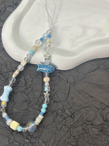 Short Cute Blue Fish Phone Chain Camera Strap Anti-Fall Bead String Pendant Durable Acrylic Nylon Material Digital Accessory