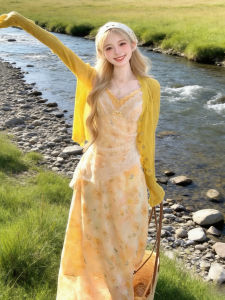 ZHENMANZI | Vibrant Outfit Yellow Lace Floral Dress Set