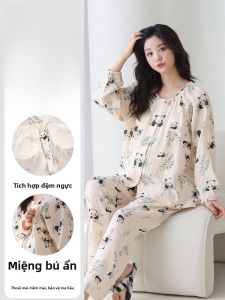 MiiOW | Pure Cotton Maternity Nightgown Womens Sleepwear Postpartum Pregnancy Summer Home Clothes With Chest Pad Round Neck Long Sleeve