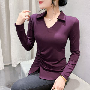 Yimei 2024 mùa thu dài tay mới thời trang áo xếp li phong cách xẻ bất đối xứng Tím ve áo T-shirt thời trang chống lão hóa đàn hồi Áo Thun Cơ Bản