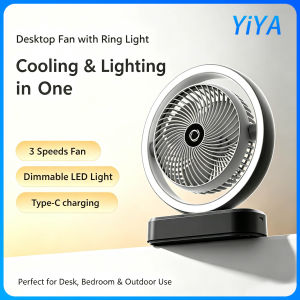 3-speed adjustable rechargeable desk fan auto oscillating mini fan with dimmable live streaming ring light