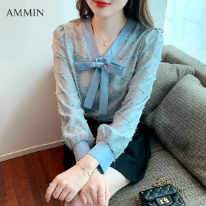 AMMIN เสื้อแจ็คการ์ดแขนพองคอวีสำหรับผู้หญิงเสื้อชีฟองผ้าแจ็คการ์ดแขนพองคอวีแขนยาวสำหรับแฟชั่นแบบใหม่ในฤดูใบไม้ร่วง