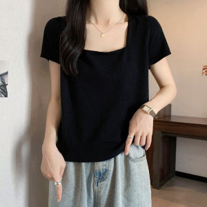 plus Size Knitwear Cover Belly T-Shirt Square Collar French Style Personality Self Kept Version Fat Sister Recommendation