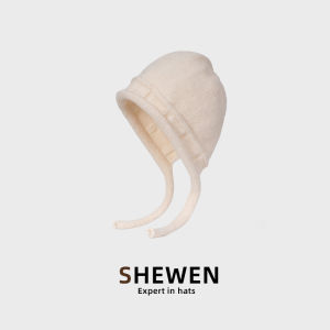 หมวกไหมพรมถักสีแดงผูกโบว์สไตล์ญี่ปุ่นสำหรับผู้หญิงในฤดูใบไม้ร่วงและฤดูหนาว หมวกไหมพรมทรงกลม หูปกันลม หน้าเล็ก ขนาดใหญ่ หมวกไหมพรม