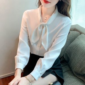 Spring Autumn Fashion Anti-Aging White Chiffon Shirt Women Thin Professional Necktie Blouse Female Style Simple Commute Pure Color