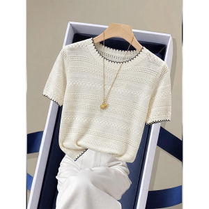 Beige Lace Short Sleeve Knit Top Breathable Slimming Straight Shoulder