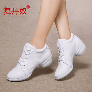 Womens Dance Shoes Soft Bottom Genuine Leather Spring Autumn New Square Dance Shoes Jazz White Sailor Dance Shoes