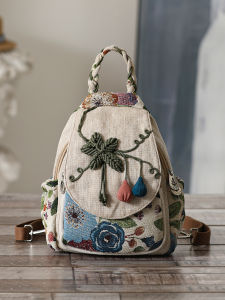 Ethnic Style Easiest for Match Hand-Woven Cotton Linen Bag Small Two Shoulders Small Fresh Elegant Stylish and Lightweight Cloth Casual Art Backpack