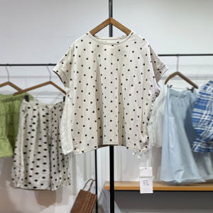 Summer New Casual Japanese Harajuku Polka Dot round Neck Commute Loose Pure Cotton Short Sleeve T Shirt Top Womens Fashion