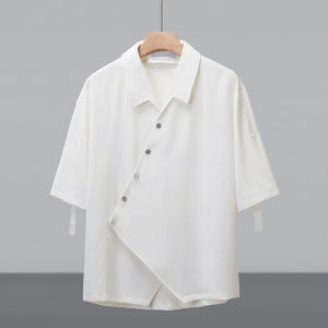 Advanced Drapey Ice Silk Short Sleeve Mens Shirt Summer Trend Design Half Sleeve Handsome Slant Placket Button Decorated Casual Shirt