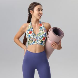 Integrated Fixed Cup Yoga Sports Bra Cross Strap Neck Hanging Fitness Backwear Breathable Moisture Wicking High Intensity Support