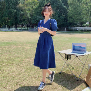 French Vintage Bubble Sleeve Denim Dress Womens High Waist A-Line Mini Skirt Short Sleeve V-Neck Summer Fashion Retro Dress