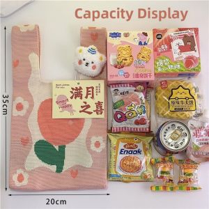 Knitted Nurses Day Gift Bag Handheld Mothers Day Lucky Bag Woven Pouch Cartoon Animal Pattern Casual Soft Handbag