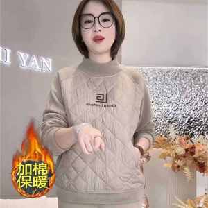 เสื้อสเวตเตอร์คอปกสูงแบบสวมหัวผ้าฝ้ายบุขนแกะหนาสำหรับฤดูใบไม้ร่วงและฤดูหนาวสำหรับผู้หญิง เสื้อเชิ้ตแขนยาวแบบลำลอง